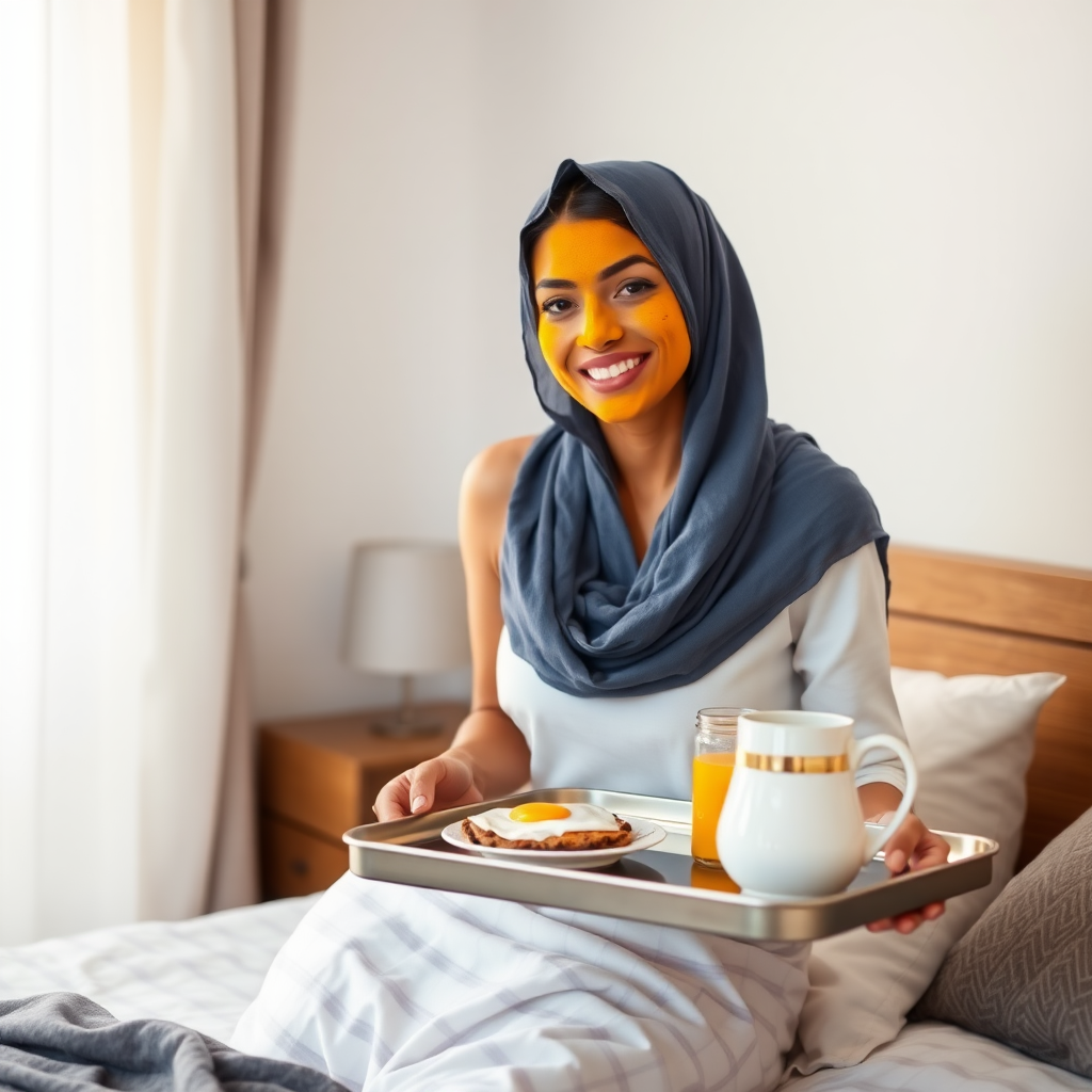 slim, 30 year old, sexy, indian wife, scarf head, turmeric face mask. She is smiling and serving breakfast on a tray on bedside table