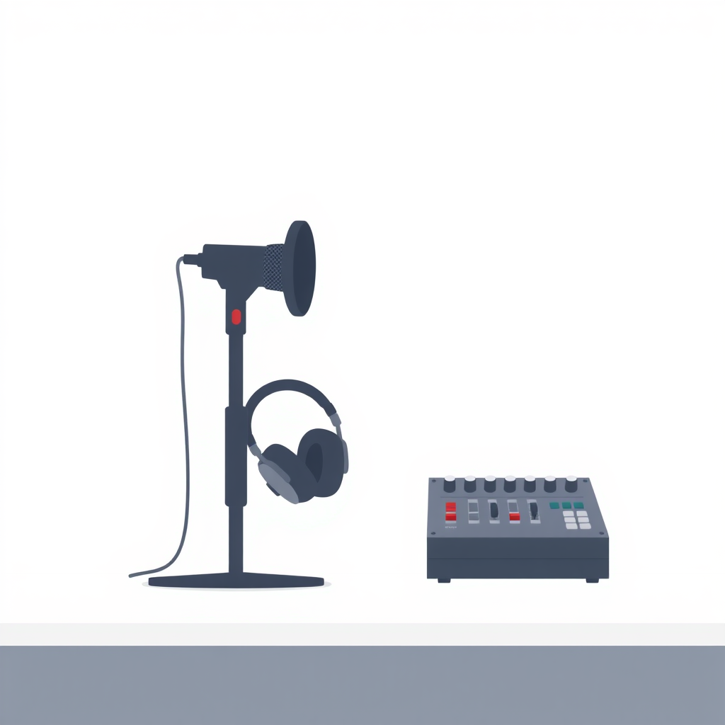 A minimalist, flat design illustration of a podcast setup. The image should include a microphone on a stand, headphones, and a sound mixer on a simple desk or tabletop. The background should be a plain, neutral color like white, gray, or light blue. The overall style should be clean, modern, and visually appealing as a generic stock image for podcasting.