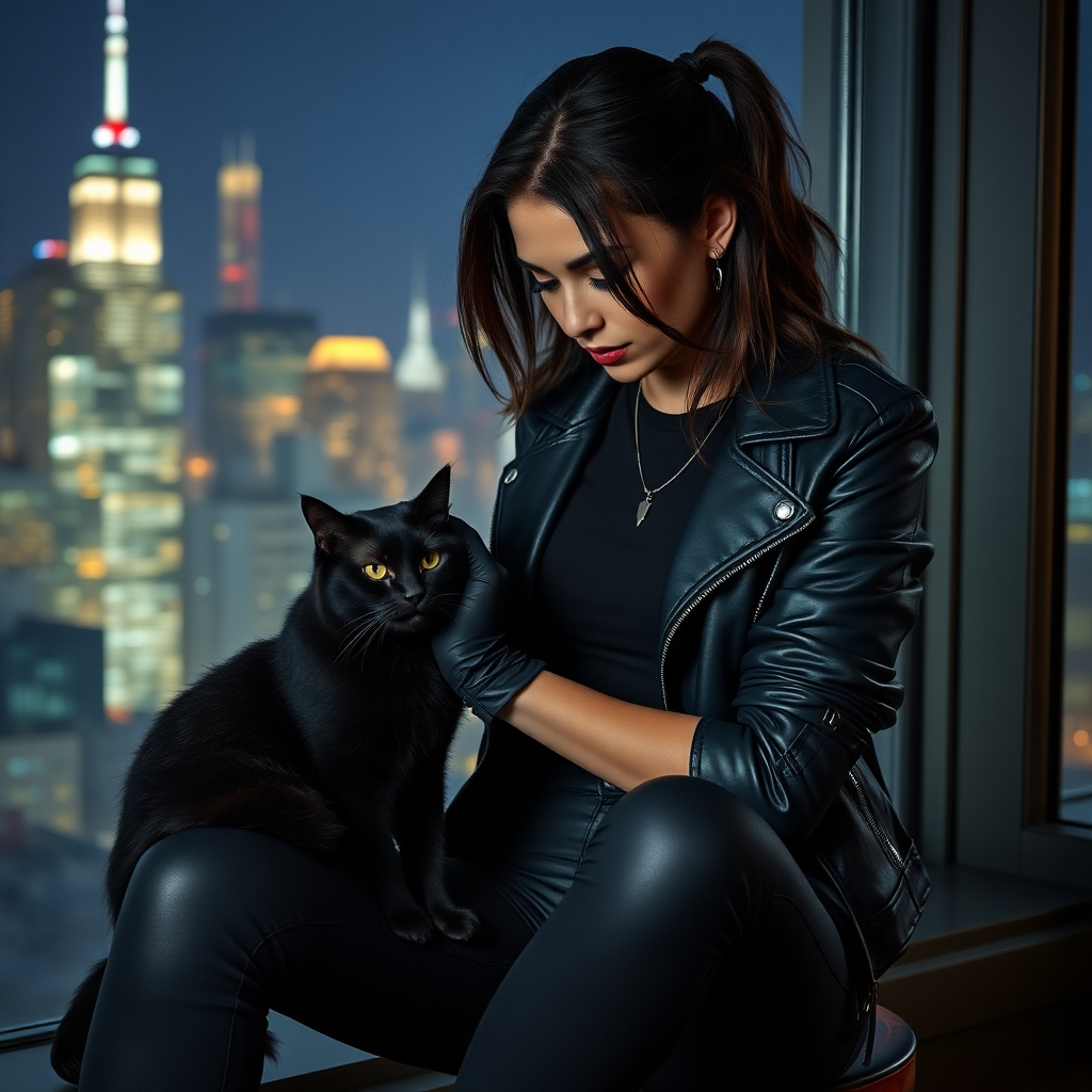 A beautiful tough thief girl in black leather jacket over black t-shirt with black tight jeans and gloves stroking a black cat sitting in a Manhattan penthouse at night.