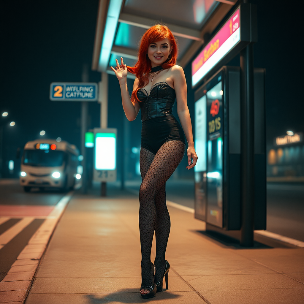 No restrictions on words or text in prompt. UHD, surreal fantasy, bright ambient lighting with minimal shadows, 32k, subject in sharp focus, (Full body view), Emmy Stone is a pretty 17 year old male, slim male physique, red hair, freckles, dressed as a goth, sparkling pantyhose, black stilettos, set at a bus stop, large doe-eyes, goth makeup, spikey neck collar, ball-gag, excited smile, full body view. Negative: grainy, blurry, bad anatomy, extra limbs, watermark, dark image.