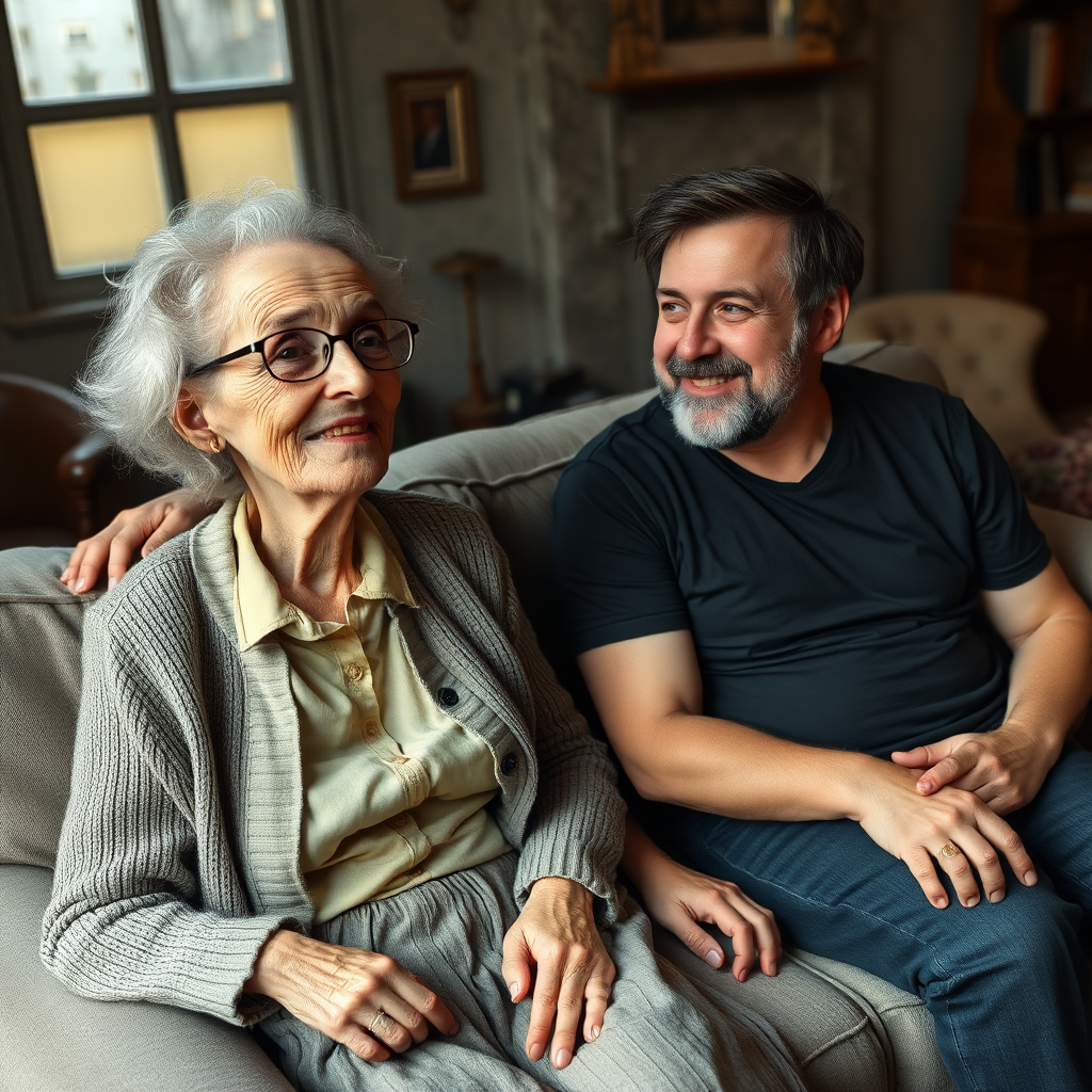 In a scene viewed from an angle and slightly above: In an old-fashioned English living room, a very frail and thin, very elderly English lady with a kind smile, short, thinning white curly hair, wrinkled face, neck and skin, wearing thin framed glasses, an old cardigan, blouse and long skirt is sitting on a sofa with an English man about 40 years old, grey stubble on his chin, brown hair, sitting close next to her on the same sofa, wearing a black T-shirt and dark blue jeans. The man and woman are smiling at each other.