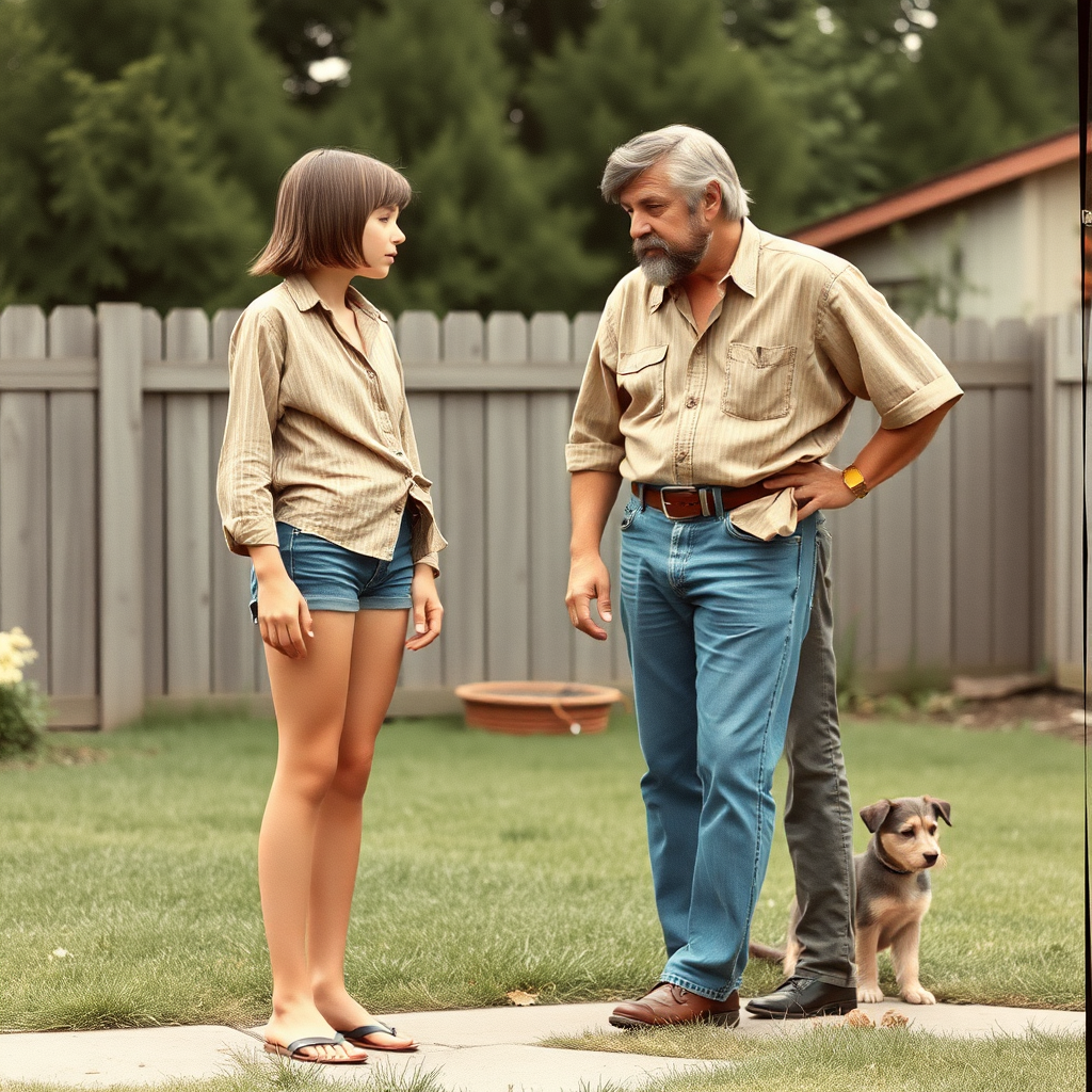 tall 14yo teen boy, long hair bob cut, wearing shirt and very tight booty shorts, long legs, narrow thighs, full-length front view. with bearded father wearing shirt, long jeans, shoes. looking at each other. 1970s. At backyard. photorealistic, ultra high resolution, 16K, Negative: grainy, blurry, bad anatomy, extra limbs, watermark.