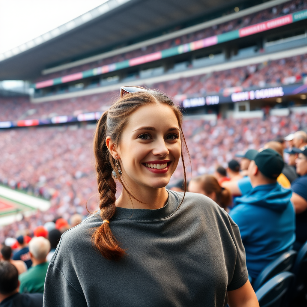 Attractive female NFL fan, pigtail hair, cheering inside crowded bleachers, NFL stadium