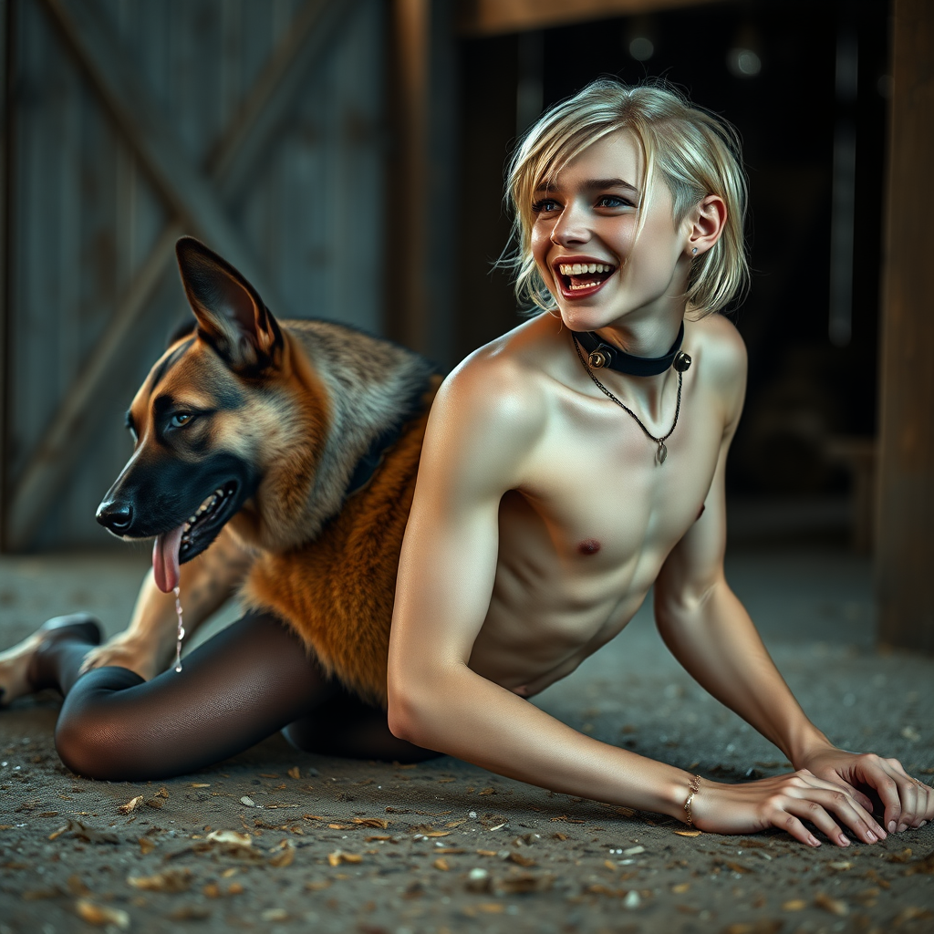 photorealistic, ultra high resolution, 16K, surreal fantasy, soft studio lighting, Caleb Swift is a pretty 16 year old goth male, slim male physique, blonde hair, blue eyes, goth makeup, earrings, glittering black pantyhose, spikey neck collar with chain, crawling on the floor of the barn straddling while a large dog rests its front legs on Caleb's back, during daytime, excited open mouth smile, small black ball-gag, drooling a stream of saliva from his mouth, bulging crotch, full body in wide view from side with Tyler facing the camera.