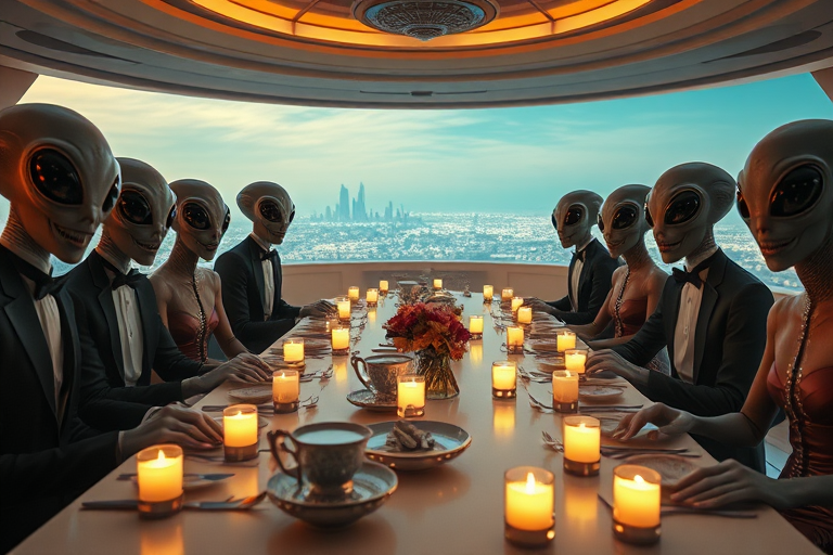 A wide shot of a surreal dinner party in a floating mansion above a strange alien world. Alien guests have unsettling frozen smiles, oversized reflective eyes, and wear high-fashion outfits. The camera captures abstract light-pulsing dishes on the table, surrounded by candle-like floating lights. Ultra-realistic, vivid cinematic masterpiece. inspired by wes anderson, tim burton, david lynch, dark pop surrealism