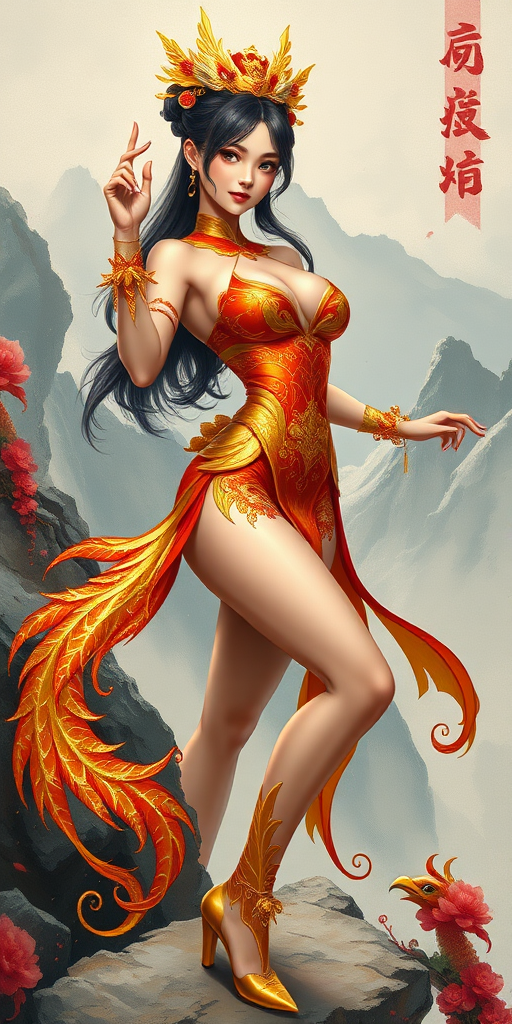 a semi anime chinese female, with gold Phoenix themed outfit, full body shot, in sexy pose, hand pose, legs pose, in simi realism painting art style, Dynamic semi impasto painting background, background in mountain,