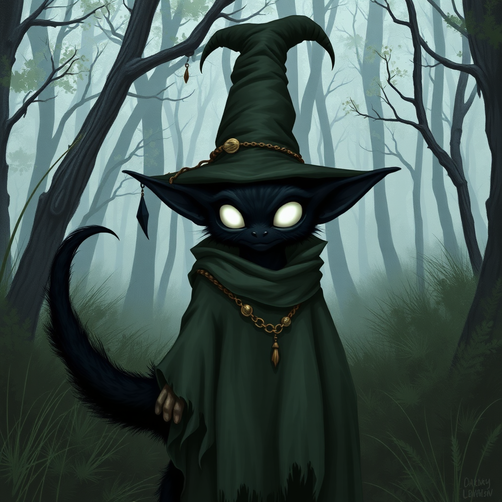 In the middle of the clearing is a dark creature with black fur, a long black tail, and big black ears. He wears a tattered sage green cloak that's way too big for him, and a brown sachal over his shoulder. He has a cacky colored tall pointed hat that leans to one side and bends in the middle and has a few trinkets strung to it. The creature doesn't have any facial features aside from 2 impossibly wide eyes that takes up most of his face, and glow a pure white.