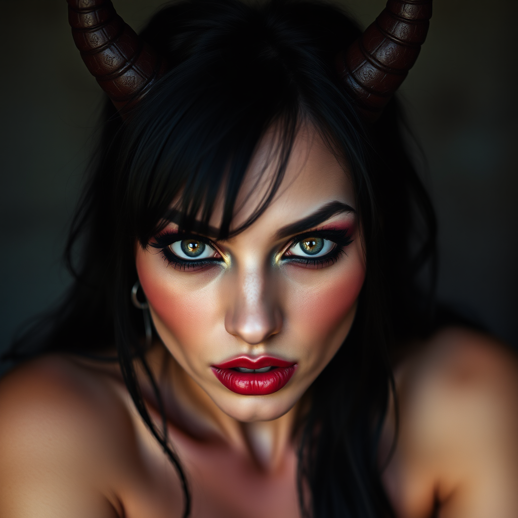 Terrifying succubus looking sexy and irresistible. Staring directly into the eyes of the viewer.