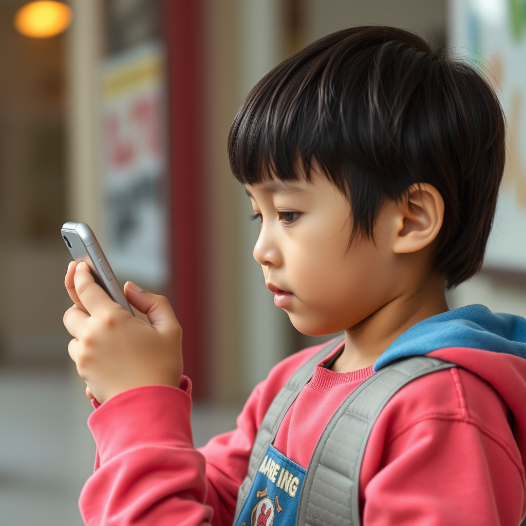 full real image of a kid using a phone turning right