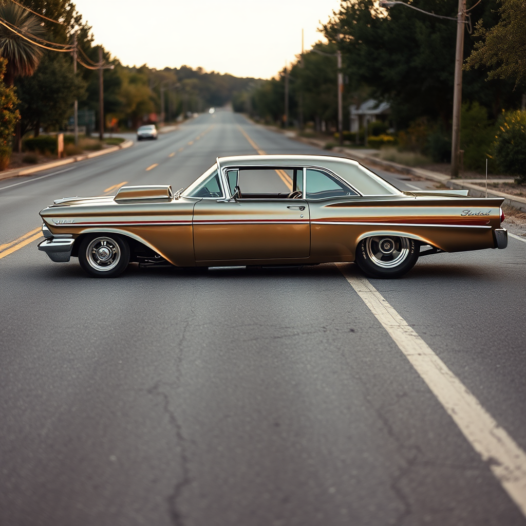 the drag car is parked on the side of the road, inspired by Taiyō Matsumoto, tumblr, restomod, nd4, c4 metallic shine classic american low rider ford