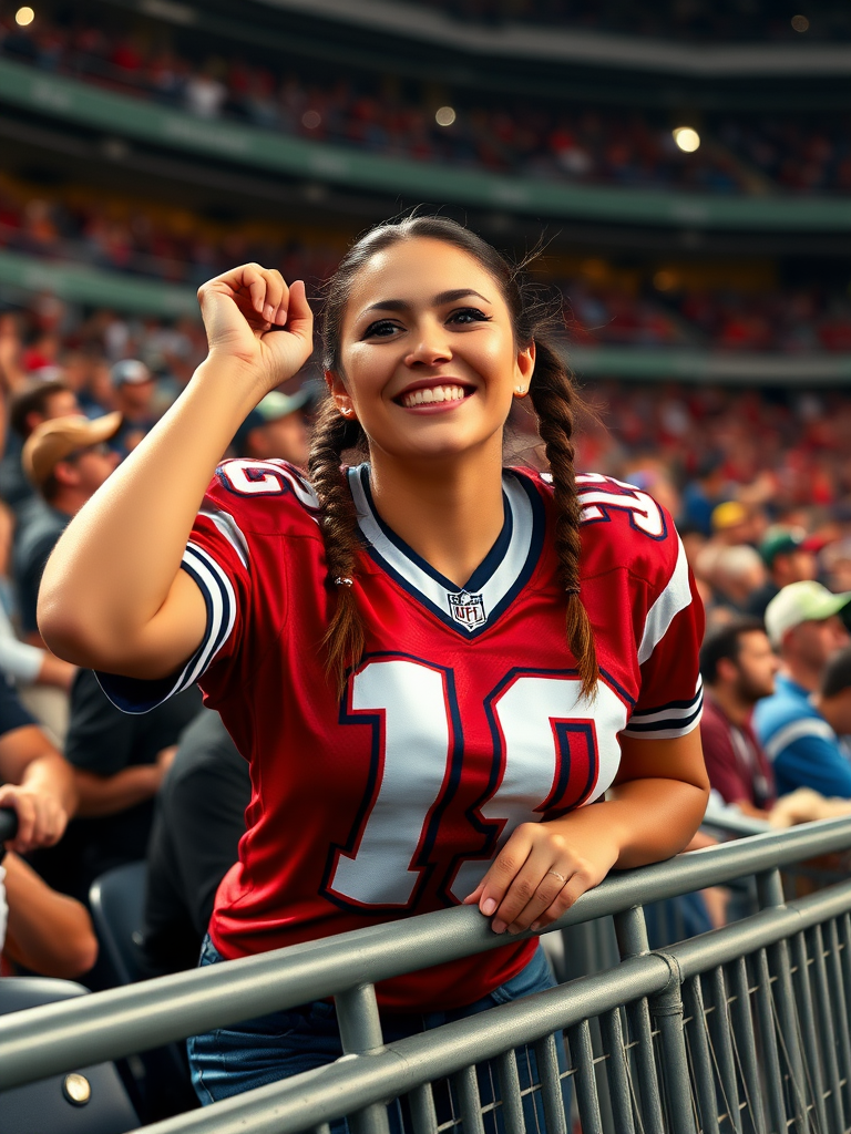 Very attractive female NFL fan, huge chest, jersey, cheering, leaning forward over barriers, pigtail hair, crowded stadium bleacher row