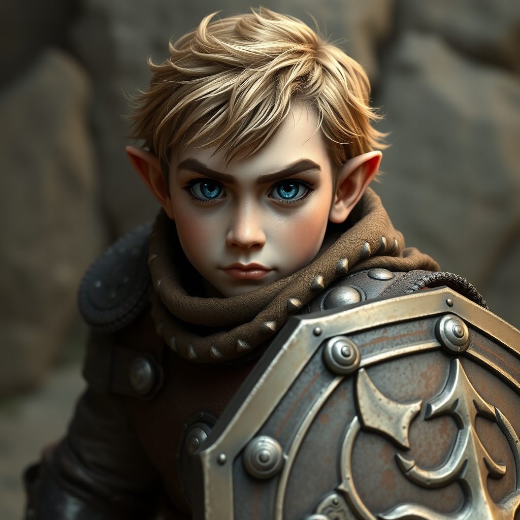 a halfling paladin male 30 years old with blue eyes, wearing a studded leather armor and a shield, photorealistic, 16k, no extralimb