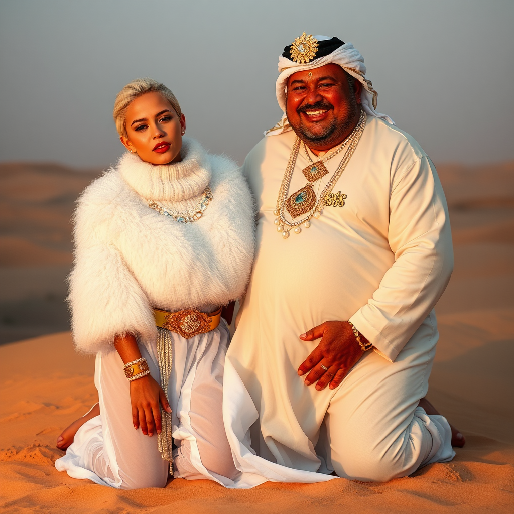 Kuwait desert dunes misty dawn: Melissa, European 17 years old very convincing femboy “trophy-bimbo”, tamed servile docile, very beautiful feminine flawless face, rather short boyish figure, platinum blond short tight curls, bold red lips, heavily made-up face, wearing Supertanya-style fluffy very fuzzy bright white angora turtleneck-poncho cropped ending under bust decorated with pearls and gemstones, striking oriental wide gold bridal protection belt, white fully transparent harem pants, full Oriental bridal jewelry with striking headpiece, full Oriental face-jewelry, striking diamond “$$$” letter brooch on left chest, pout frustrated, hands tied behind back, kneeling in sand with older overweight mighty sheik laughing, devotedly embracing Melissa.