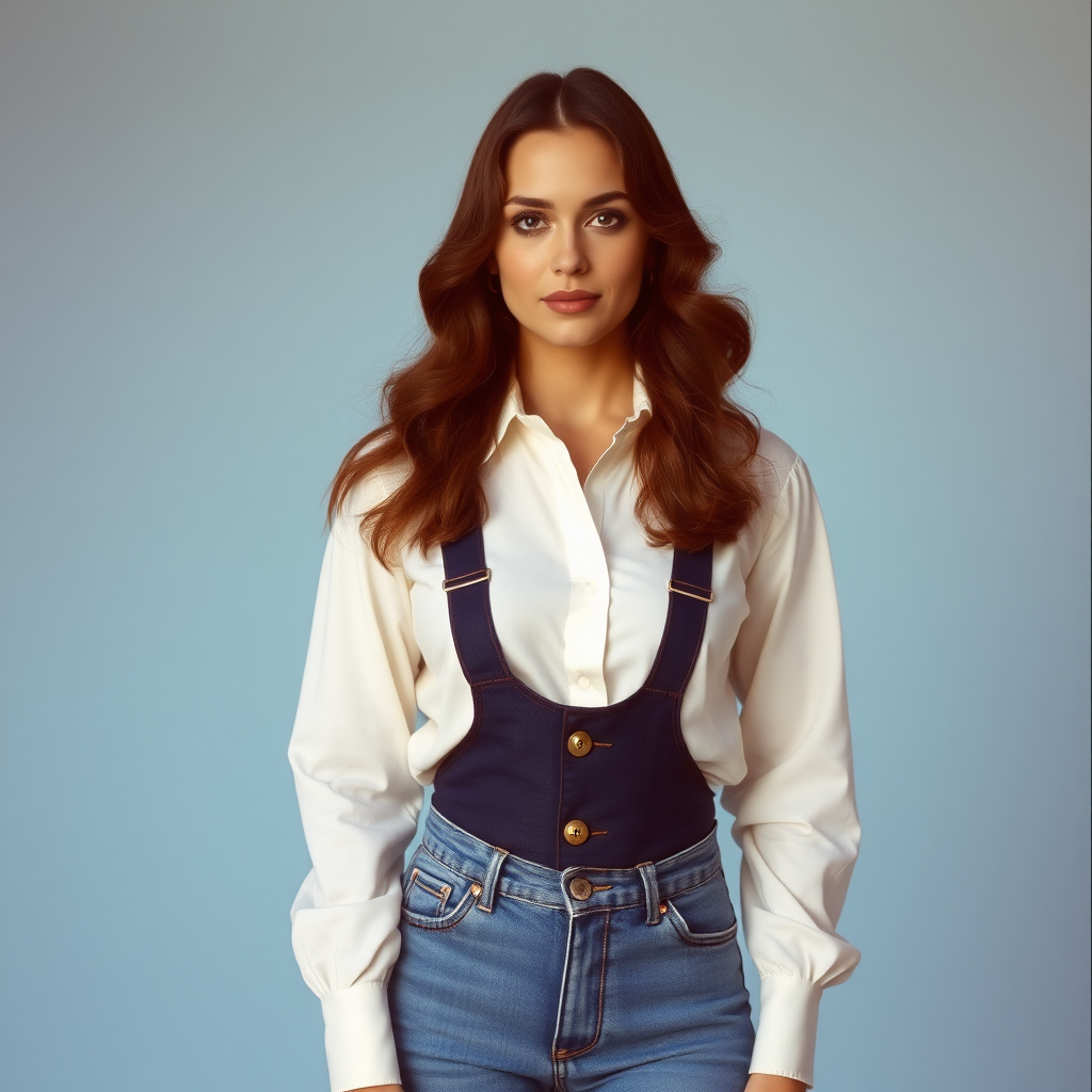 1960s woman in a white shirt and denim jeans photoshoot