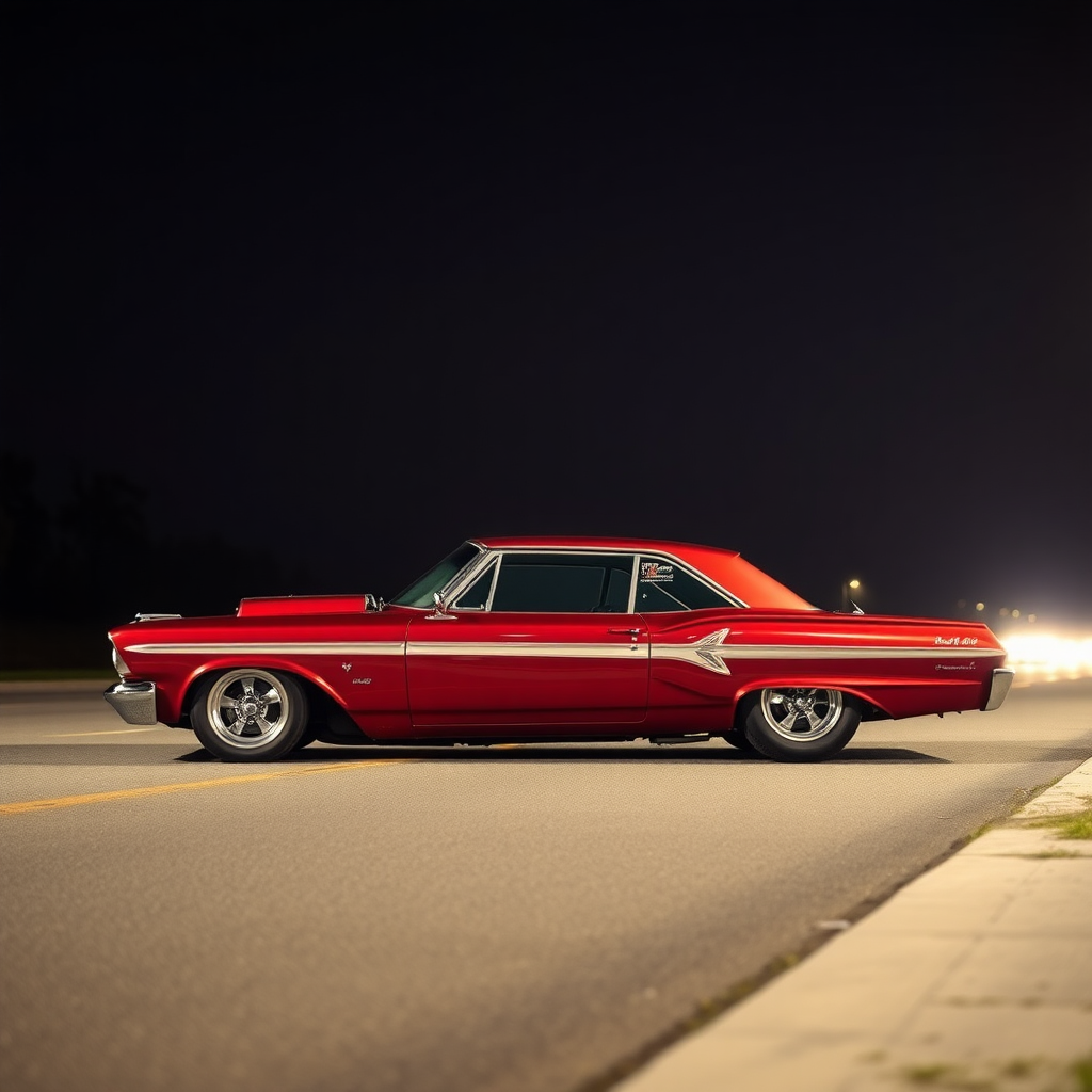 the drag car is parked on the side of the road, inspired by Taiyō Matsumoto, tumblr, restomod, nd4, c4 metallic shine candy red classic american low rider custom ford