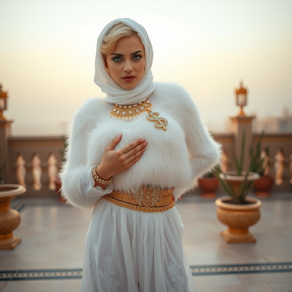 Kuwait desert palace harem patio misty dawn: Melissa, European 17 years old very convincing femboy “trophy-bimbo”, tamed servile docile, very beautiful feminine flawless face, rather short, by hormones very curvaceous womanly figured, platinum blond short tight curls, heavily made-up eyes, wearing Supertanya-style fluffy very fuzzy bright white angora turtleneck-poncho cropped ending under bust decorated with pearls and gemstones, striking oriental wide gold bridal protection belt, white fully transparent harem pants, full Oriental bridal jewelry, face covered by white sheer full Burka, coin anklets, striking diamond “$$$” letter brooch on left chest, pout frustrated, seductively dancing for the sheik, looking at camera. Focus on face and turtleneck-poncho.