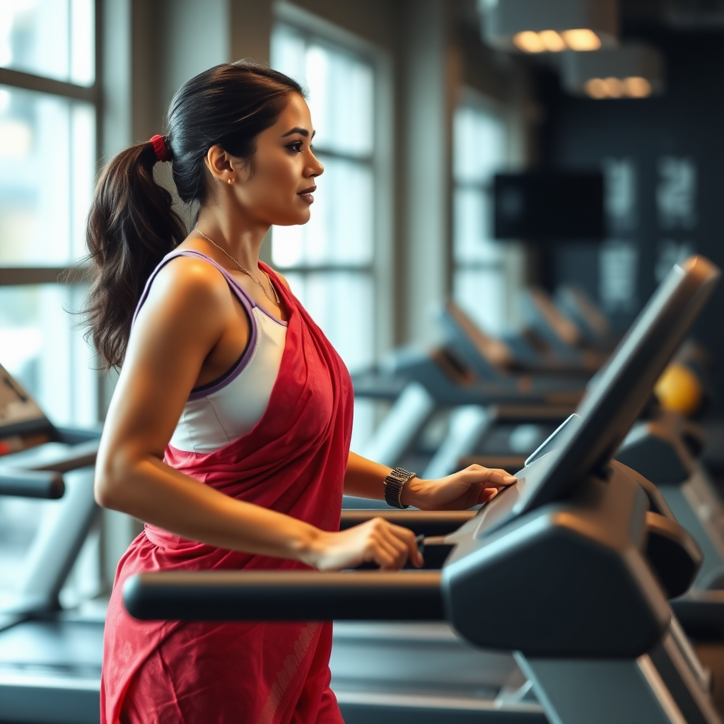 Indian wife, working out on Treadmill in gym