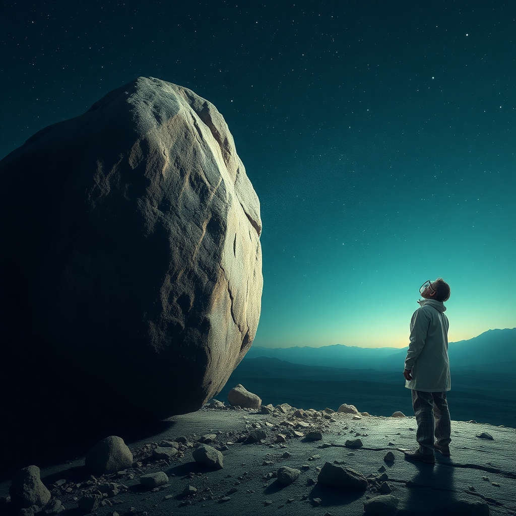 A scientist looking at a very large rock very curiously and overreacting.