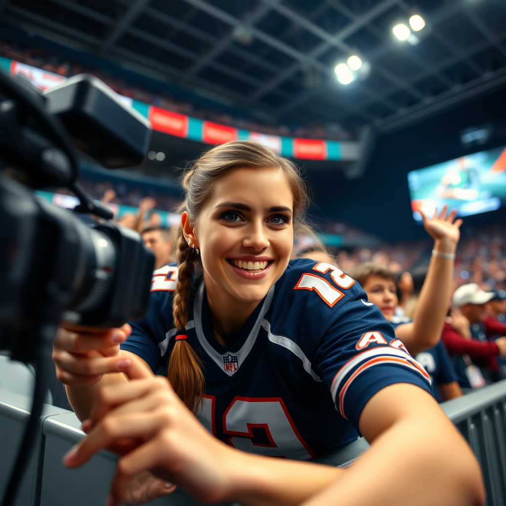 TV camera perspective, attractive female NFL fan leans forward over the barriers and cheers for the camera, pigtail hair, jersey, inside front row crowd