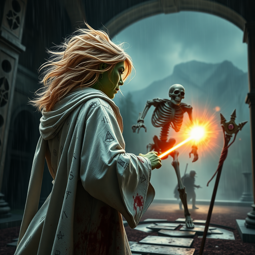 A full body shot of a pretty twenty-something female orc wizard with a face resembling (Ana de Armas), green skin, facing towards a skeleton warrior that is running toward her. She casts a laser spell at it, striking it in the head. Strawberry blonde messy shoulder length hair tussled by wind. White robes covered in runes, magic aura swirling around her visibly, magic staff with a gem. It is dawn. She is bleeding and covered in soot and dirt. Inside a castle courtyard. Forest and mountains, rain. Hyper-realistic, photorealistic digital matte painting, soft focus, film grain, lens flare. Gritty, dirty, scuffed.