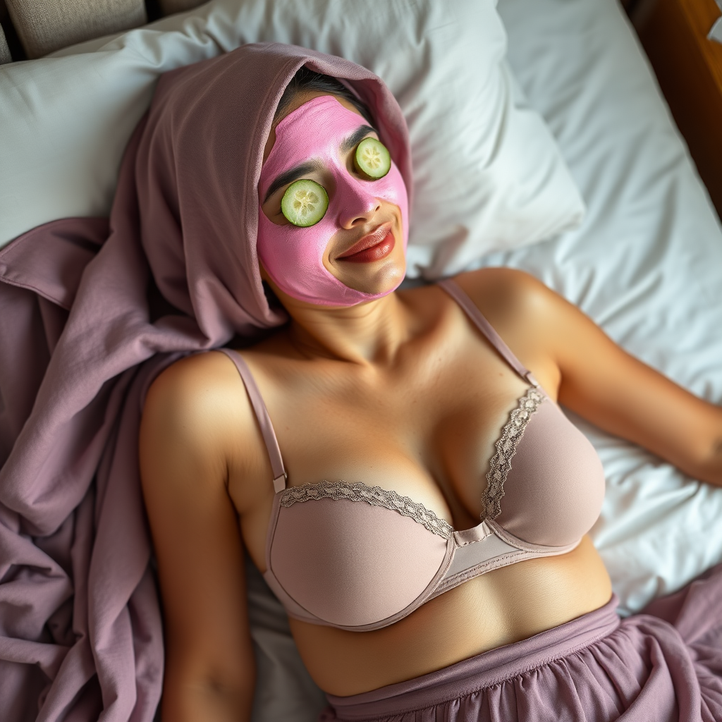 A skinny, traditional, 30 year old indian wife with hijab, wearing a bra and skirt, lying on a bed. Her face is covered with pink face mask, and her eyes are covered with cucumber slices. She looks satisfied from her facial expression.