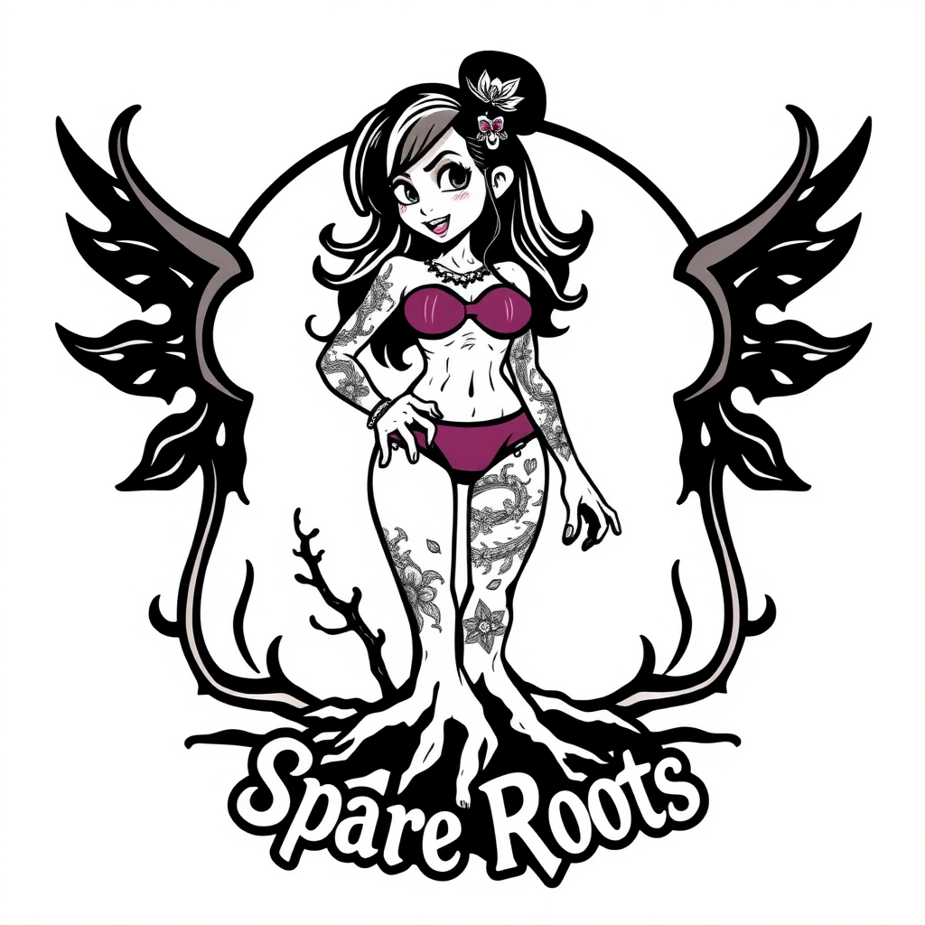 A modern t-shirt design that features a gritty tattooed cartoon woman in underwear. The bottom of the design reads "Spare Roots." The image has a blank white background.