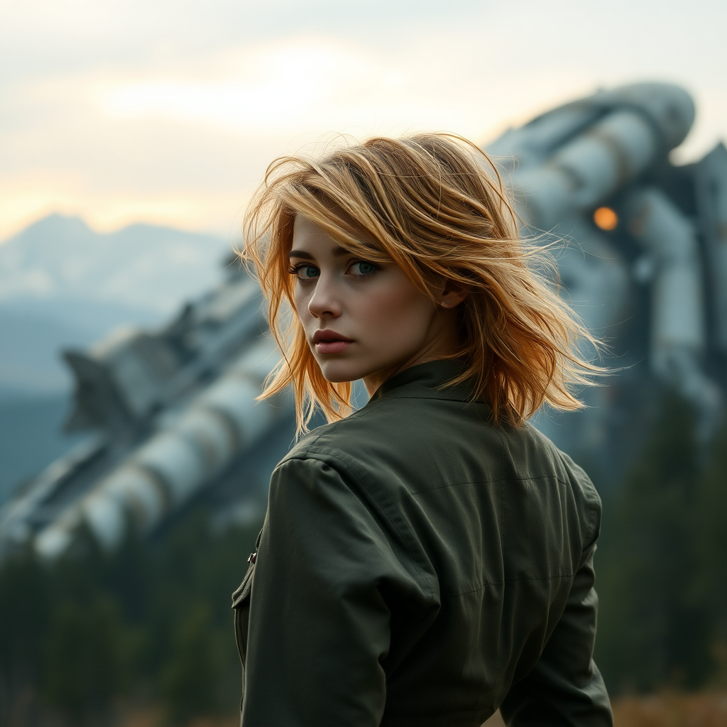 A full body shot from behind of a pretty twenty-something female with a face resembling (Ana de Armas). Strawberry blonde messy shoulder-length hair tussled by wind. Military outfit. It is dawn. There is a giant crashed spaceship out of focus in the background. Forest and mountains, rain. A giant robot is tearing pieces off of it. Hyper-realistic, photorealistic digital matte painting, soft focus, film grain, lens flare. Gritty, dirty, scuffed.