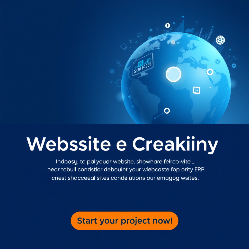 A professional and modern banner for a website creation company. The image should feature a stylized blue globe representing global connectivity, with subtle visual elements of computer screens, gears, and graphs to illustrate the diversity of services offered, ranging from showcase sites to ERP solutions. The dominant colors should be blue and white, with an orange call-to-action button 'Start your project now!' at the bottom. The design should inspire trust, innovation, and professionalism.