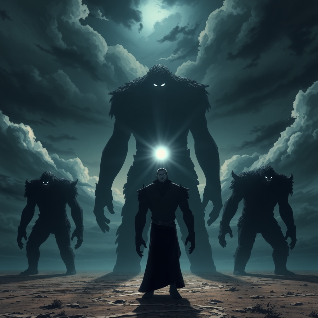 (Anime Style Art), An apocalyptic background, dark skies, plain-field, 3 giant-beings made of black shadow pure-darkness with only 1 white lens flare as an eye, (The Roaring titans)