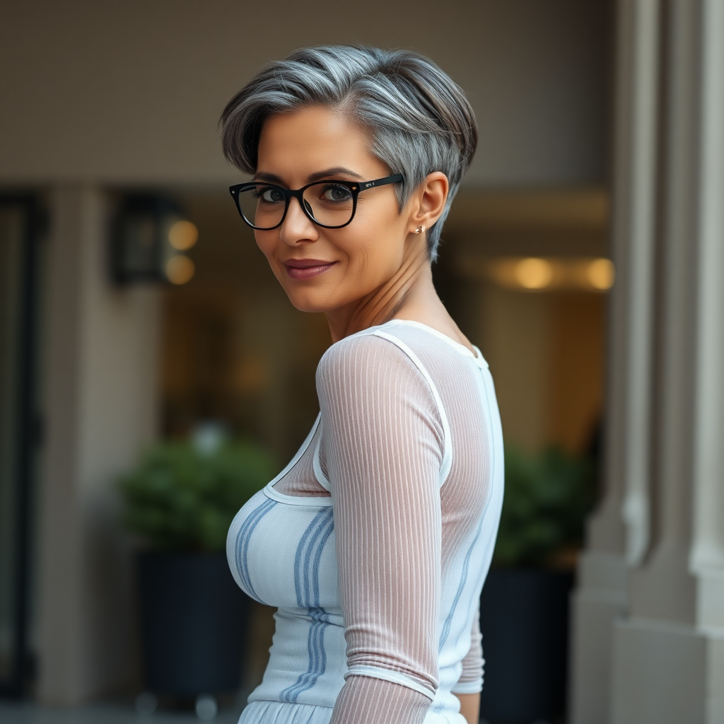 sexy Woman, 35 Years old, European, Latina, sharp aquiline nose, wrinkles, high cheekbones, Middle Eastern, Skinny, Tanned skin, Dark light skin, Makeup, Serious face, frowning, smiling, jewelry, Ash dark grey hair, bowl haircut, Slicked short hair, Short hair, black eye color, Glasses, detailed features, tight white and blue striped sheer shirt, bra line, pleated mini skirt, long legs, high heels sandals, round ass, walking, full body, long establishing shot, side back view