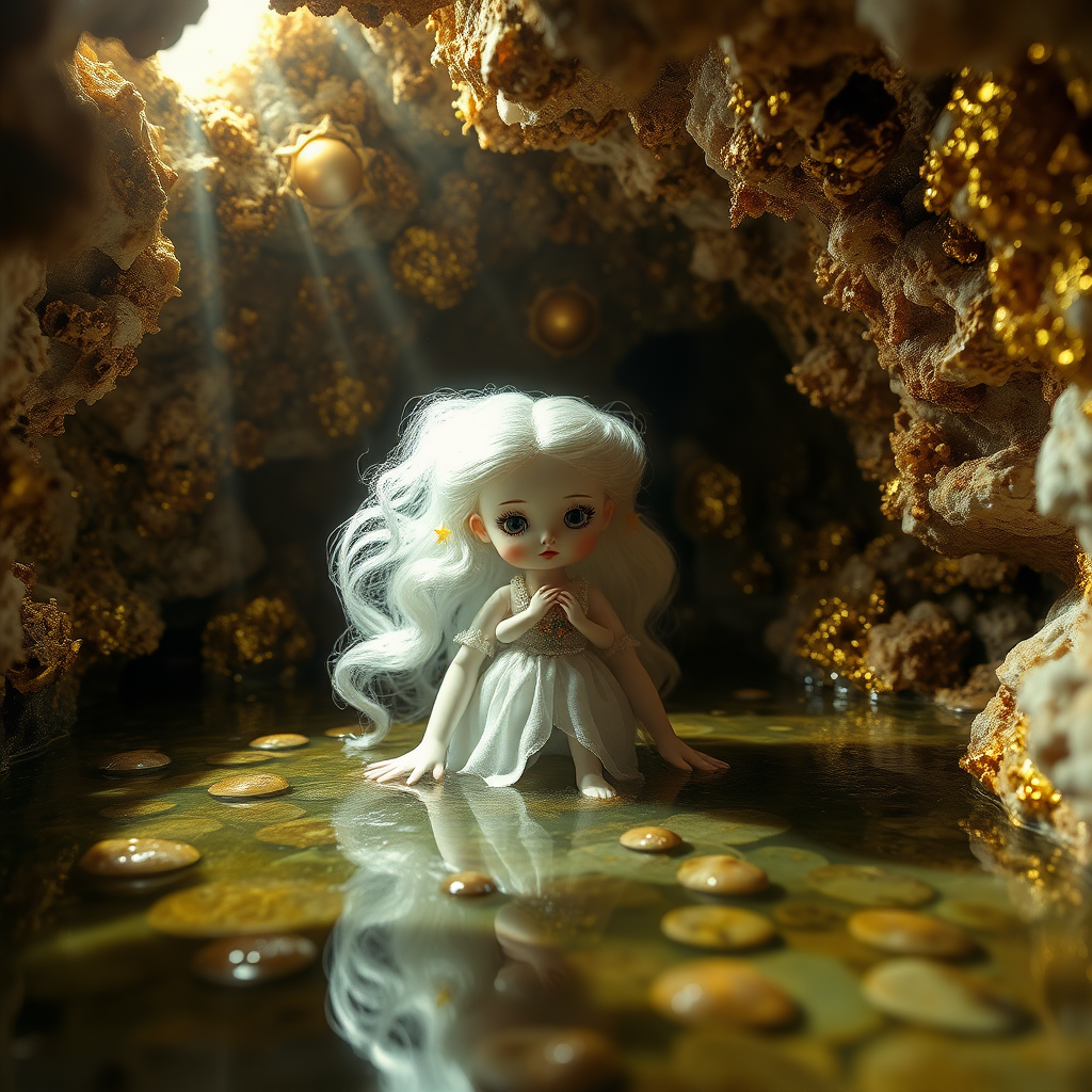 a porcelain doll in a flooded cave, artists doll, bjd, high quality photo, intricate environment, ultra-detailed, impressionistic, dynamic composition, artistic photograph, porcelain, geode, alabaster, gold, fractal, intense colors, glittering, sunlight, illumination, transparency, mandelbulb