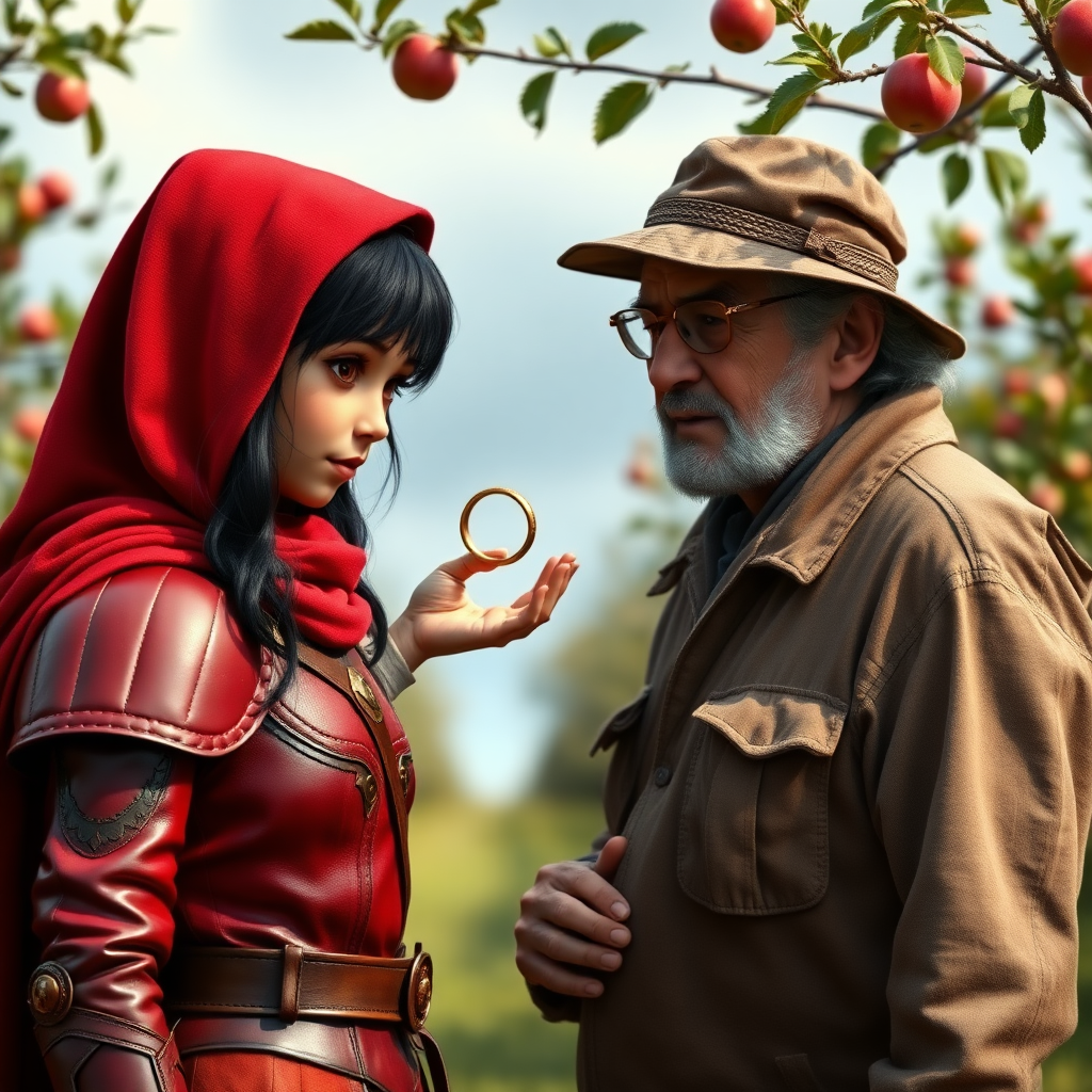 A photo realistic girl with black hair and brown eyes in red leather armor and a red hood holding up a small golden ring to an old man in dirty work clothes while standing in an apple tree orchard.