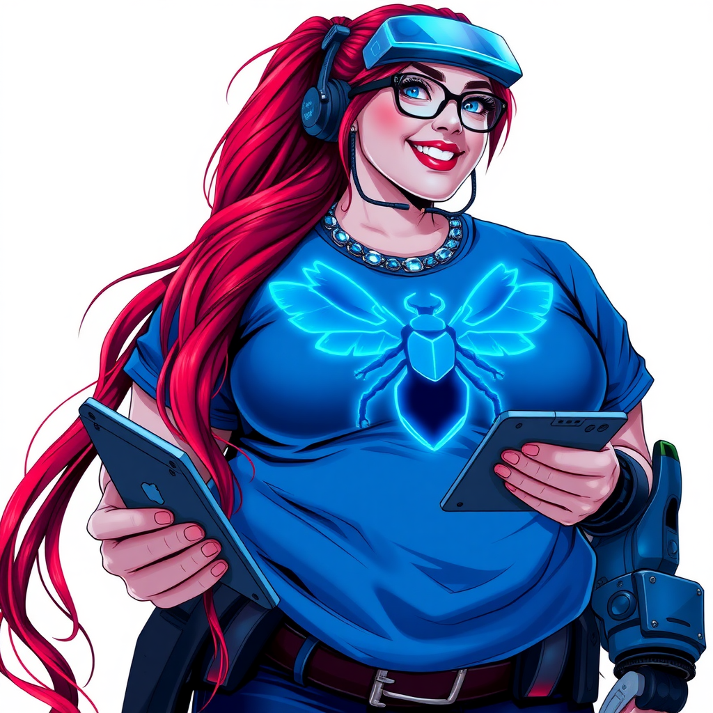 A cyberpunk vigilante’s full-figured intelligent and tech-savvy 29-year-old girlfriend, who is a computer hacker and tech genius. She has a long ruby red ponytail and bright blue eyes. She wears a sapphire beetle gemstone necklace, and an armored, oversized, Maximum Blue (RGB 71, 171, 204) t-shirt featuring a giant neon blue glowing chest icon of a winged beetle. She has a full-figured physique with a prominent large round midsection, reflecting her well-cared-for lifestyle. The midsection is heavily emphasized. She sports a sapphire headset with hi-tech Maximum Blue (RGB 71, 171, 204) lensed HUD visor, Maximum Blue (RGB 71, 171, 204) lipstick, black eyeglasses, and a beaming smile with a passionate bright red blush. Despite her figure and a lack of self-esteem, she radiates an air of beauty. She has an angular face which contributes to her radiant beauty. She serves as his tech expert from his hideout, holding a holographic tablet and a hi-tech tool wrench. The background is solid white. She is drawn as if she was in a retro 2D cyberpunk fighting game.