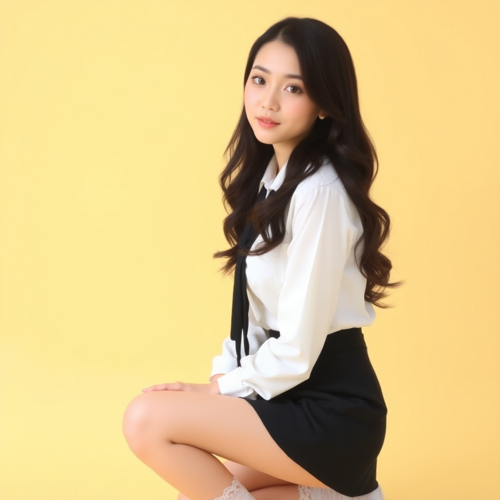 Asian portrait. A young woman, possibly in her early twenties, with long, wavy black hair and fair skin, is kneeling in front of a light yellow background. She has lovely eyes and is looking towards the camera. She is wearing a white shirt with a tie, a black mini skirt, white lace stockings and no shoes.