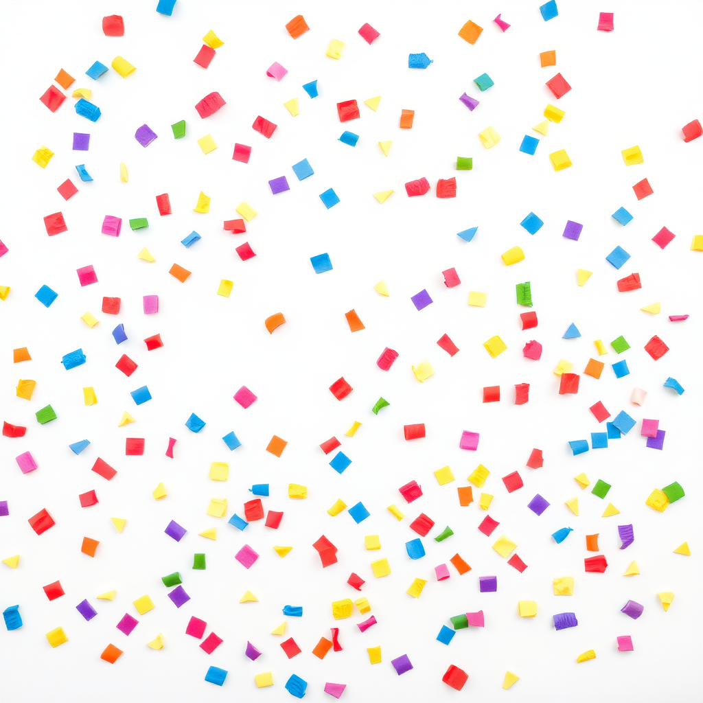 A high-resolution, colorful image of confetti pieces evenly scattered across a plain white background. The confetti should include a variety of shapes and sizes, with vibrant colors such as red, blue, yellow, green, and purple. The image should have a clean, professional look suitable for use as a stock photo or graphic element.