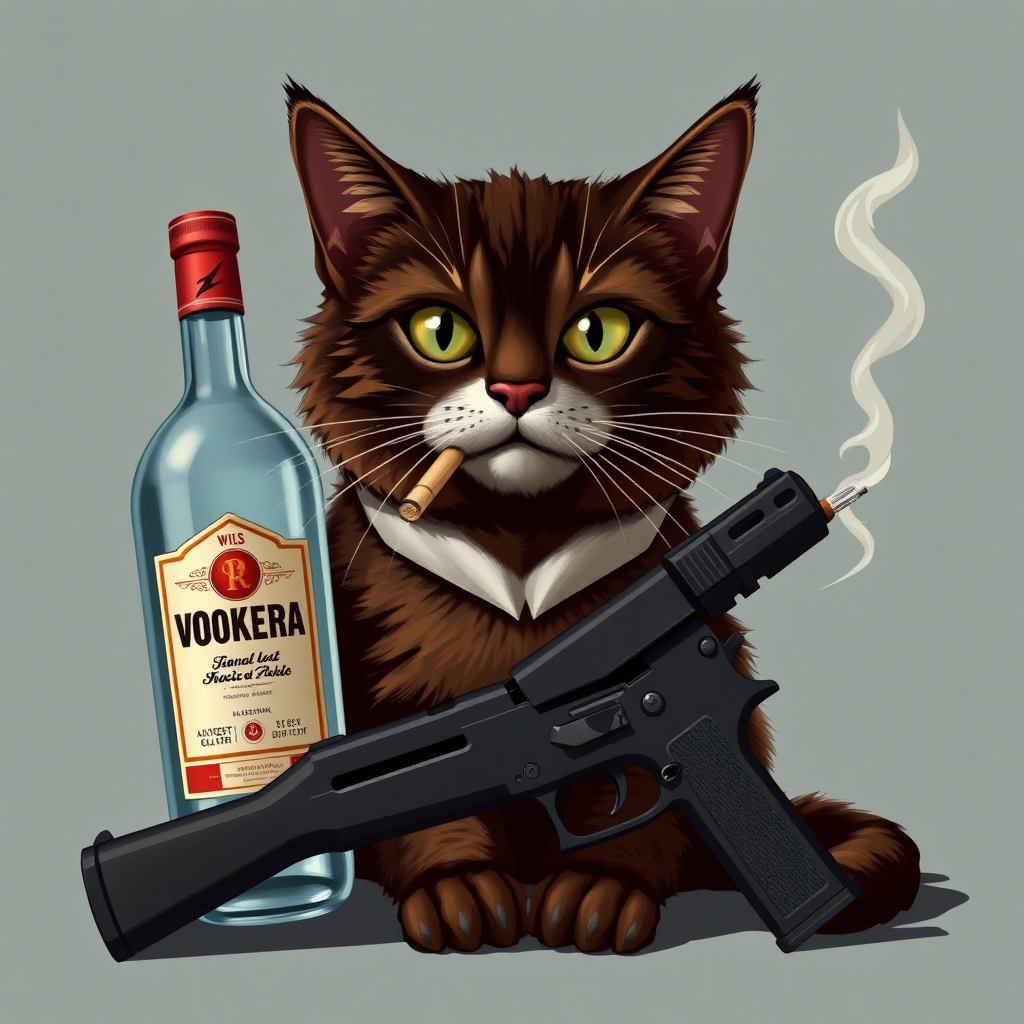 A dark brown cat with a bottle of vodka, a gun, and a cigarette in its mouth.