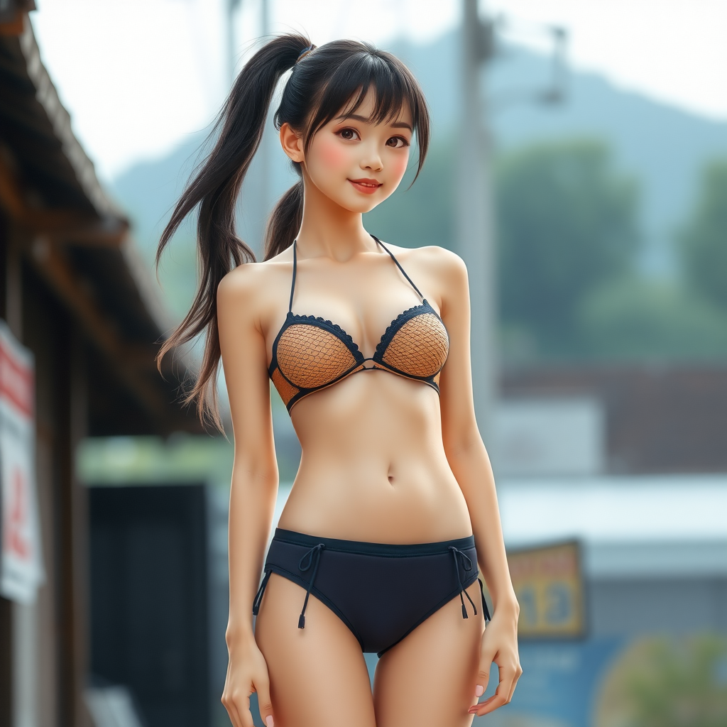 girl, teenage, wearing bikini, ponytail, long hair, standing, realistic, asian, enough details, photograph work