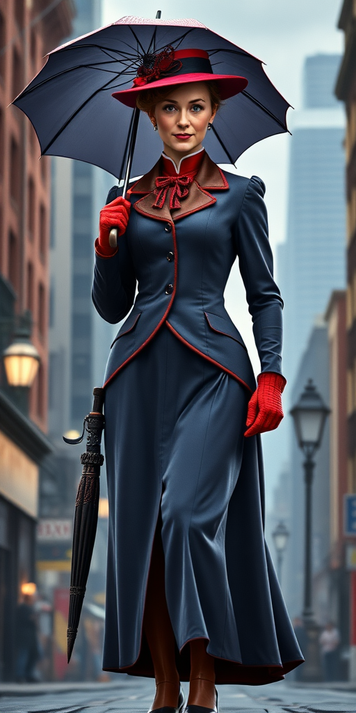 Create a full-length image of Mary Poppins with the masculine physique of Spider-Man, featuring defined muscles and an athletic build, but retaining Mary Poppins' original head. Her traditional clothing is modified to fit the muscular proportions, with a tailored, structured overcoat and elongated, fitted skirt to accentuate the build. She retains her iconic umbrella and hat. The background blends the whimsical charm of Edwardian London with the dynamic energy of a Spider-Man setting, like skyscrapers and bustling streets, reflecting both characters' worlds in one cohesive scene.