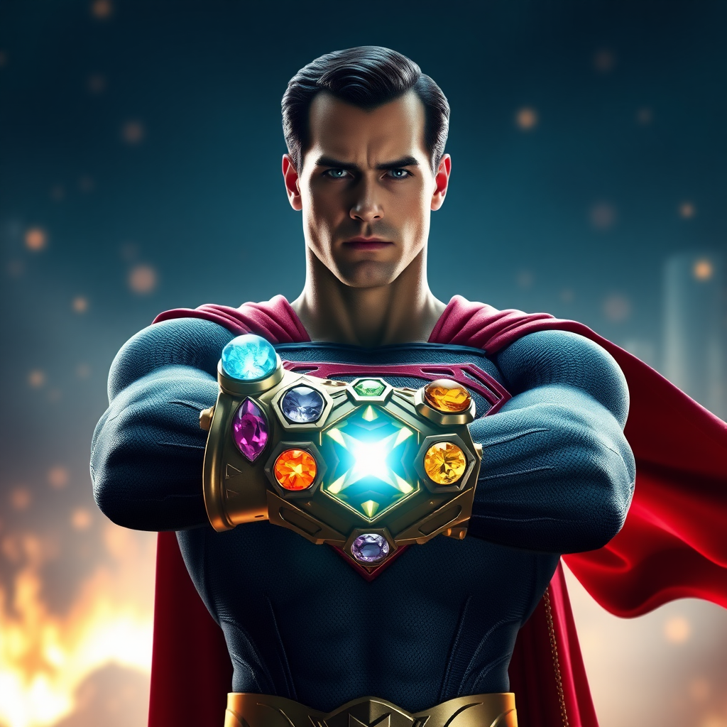 Superman wears the infinity gauntlet with 5 infinity stones. Cinematic Real3d photo-realistic quality.