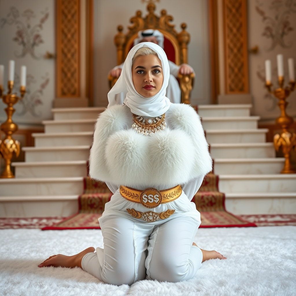 Kuwait desert palace throne room, throne raised on stair head, old overweight mighty sheik sitting on throne. In front of stairs, kneeling on white fluffy carpet: Melissa, European 17 years old very convincing femboy “trophy-bimbo”, tamed servile docile, rather short, by hormones very curvaceous womanly figured, platinum blond short tight curls, heavily made-up eyes, wearing Supertanya-style fluffy very fuzzy bright white angora turtleneck-poncho cropped ending under bust decorated with pearls and gemstones, striking oriental wide gold bridal protection belt, white fully transparent harem pants, full Oriental bridal jewelry, face covered by white sheer full Burka, coin anklets, striking diamond “$$$” letter brooch on left chest, pout frustrated, hands tied behind back, looking at camera. Focus on face and turtleneck-poncho, side perspective.