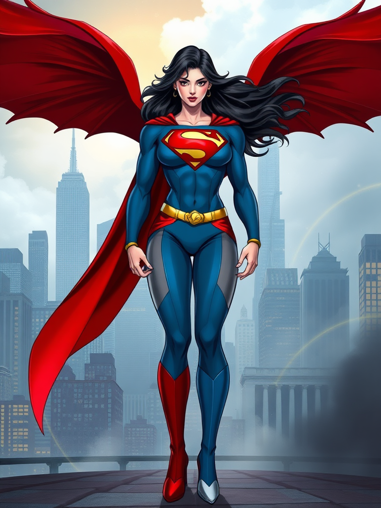 Create a full-length image of a character that combines elements of Superman and Zatanna. The character should have the heroic physique and defining features of Superman but with the female body type and style of Zatanna, including her iconic outfit and magician's accessories. The background should blend elements from both characters' worlds—include a cityscape reminiscent of Metropolis along with magical, mystical elements to represent Zatanna's realm. Ensure the character stands confidently, showcasing strength and charisma, with flowing hair that adds an element of dynamism to the scene.