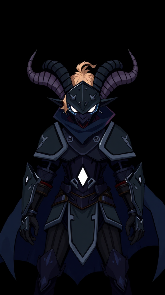 (Anime-pixel art) Black background, a fierce and violent knight stands poised for battle. She wears sleek, black knight armor, marked by a small white eye symbol at its center, exuding an air of intimidation. Her face is obscured by a terrifying goat-like mask, with a single glowing white eye on the right, and another white eye symbol perched at the top of the mask, adding to her menacing presence.

The knight's imposing silhouette is accentuated by two large, dark-silver shoulder guards that gleam ominously in the darkness. Draped behind her is a flowing dark-blue cape that billows dramatically, hinting at her formidable power. Atop her head, two impressive antlers rise, further enhancing her fearsome appearance, while her short, tousled blonde hair peeks out from beneath the mask.

This is the Roaring Knight, known as Mayor Holiday from Deltarune, captured in a striking full-body view that highlights both her ferocity and enigmatic allure.