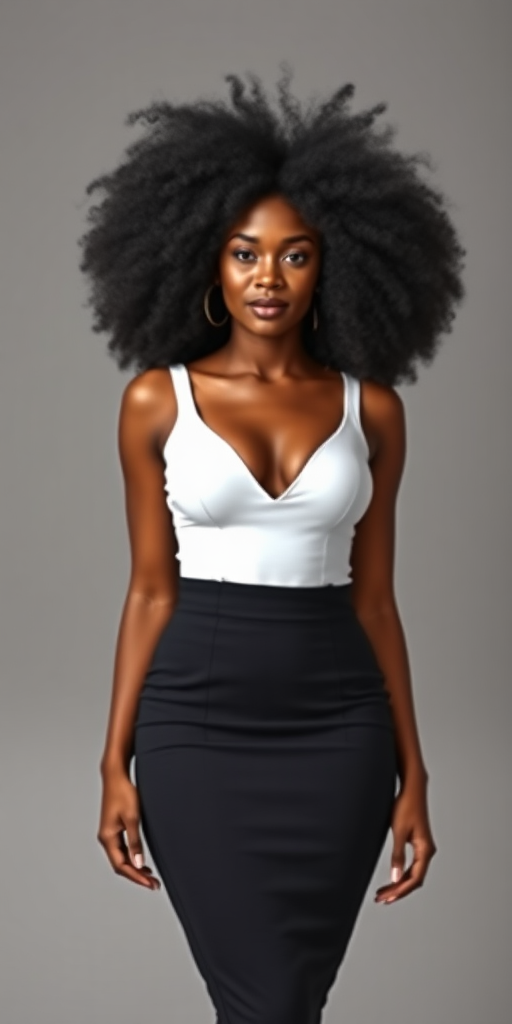 a fullbody photo of an african woman with big breasts with an afro wearing a high black waisted skirt and a fitted white top with a deep V-line cutout