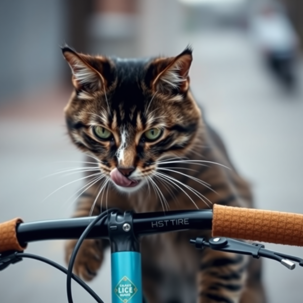 cat licking bicycle