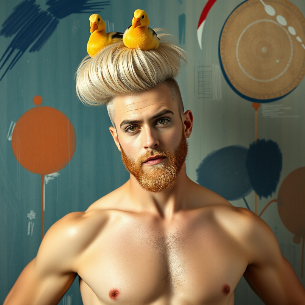 The background is a painting by Wassily Kandinsky. A 4K hyper-realistic photograph in the style of Kandinsky, blending surrealism with kitsch. The subject is a man with an extravagant, Italian blond haircut, styled in a flamboyant bun, paired with a sexy, Masculine look. He sports a neatly groomed, three-day beard — short, evenly distributed, with a light shadow effect across the chin, jawline, and cheeks. His makeup is dramatic, like a drag queen, adding to the boldness of his appearance. He has a muscular, athletic build. He’s naked, standing confidently with his hands on his hips. Above him, smaller ducks rest playfully on his head.