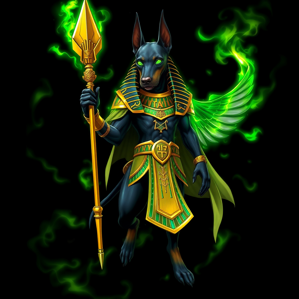 (Anime-styled art) Black background, An imposing, supreme humanoid Doberman with jet-black fur stands tall with a green aura, floating mid air, clad in intricate golden-green Egyptian armor. He is Anubis, exuding an aura of power and command. In his left hand, he grips a golden, feathered wand spear adorned with ancient Egyptian symbols unique point ANKH, while vibrant green flames swirl around him, crackling with magic. His piercing eyes blaze with the same green fire, casting an intense glow. The full-body view reveals every detail of his regal from legs, godlike presence, surrounded by a supernatural energy that radiates from his form.