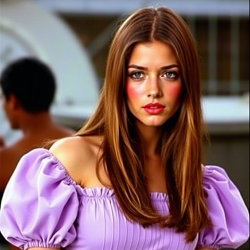 1970s film still of the alluring, 19-year-old Ana de Armas with long straight brown hair, red blush, pink lipstick. Wearing an off-shoulder lavender puff sleeve dress.