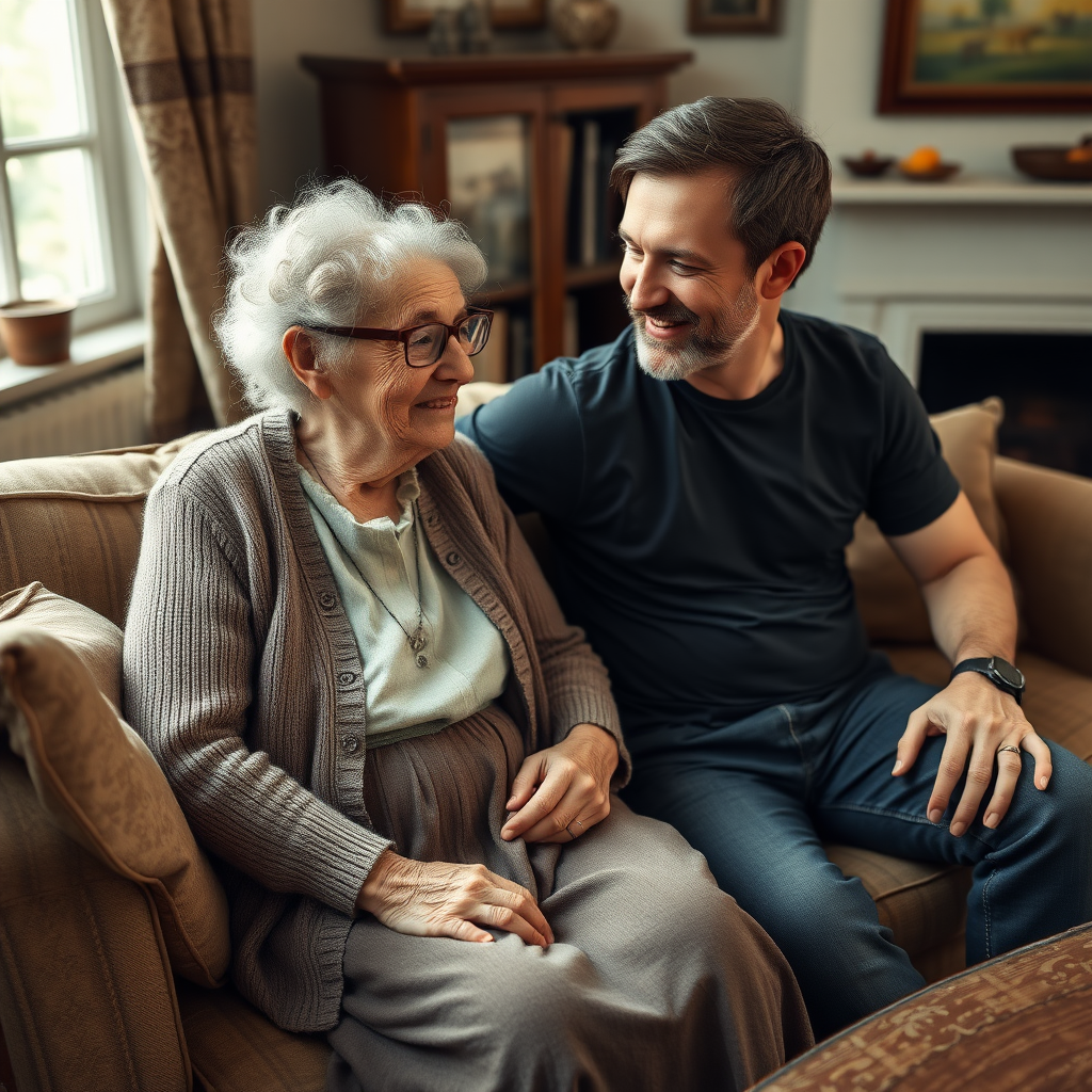 In a scene viewed from an angle and slightly above: In an old-fashioned English living room, a very frail, small and thin, very old and elderly English lady with an ugly face, kind smile, short, thinning white curly hair, wrinkled face, neck and skin, wearing thin framed glasses, an old cardigan, blouse and long skirt is sitting on a sofa with an English man about 40 years old, grey stubble on his chin, brown hair, sitting close next to her on the same sofa, wearing a black T-shirt and dark blue jeans. The man and woman are smiling at each other. The woman is looking at the man's eyes and smiling. The man is looking at the woman's eyes and smiling.