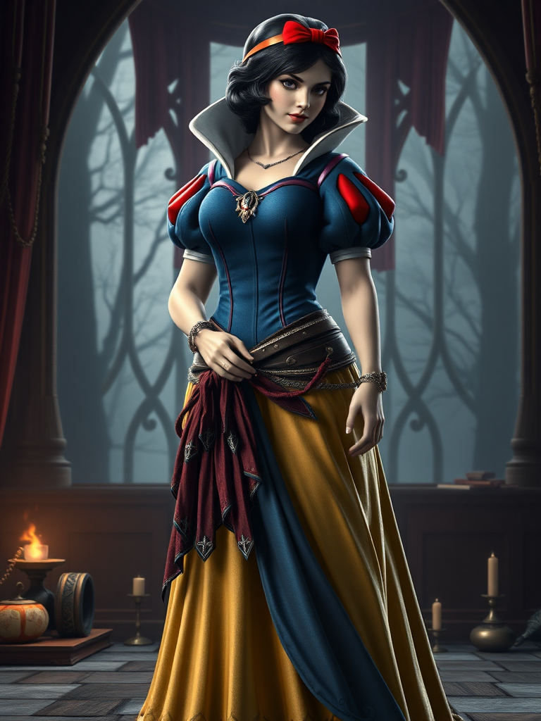 Generate a hyper-realistic full-length render of Snow White with Richter Belmont's body type. Maintain Snow White's original head and costume but adjust her body structure and silhouette to match the chosen body type. Ensure the gender is reflected in the new body structure. Design a background setting that complements both Snow White and Richter Belmont's characters, integrating elements that resonate with their respective stories and aesthetics.