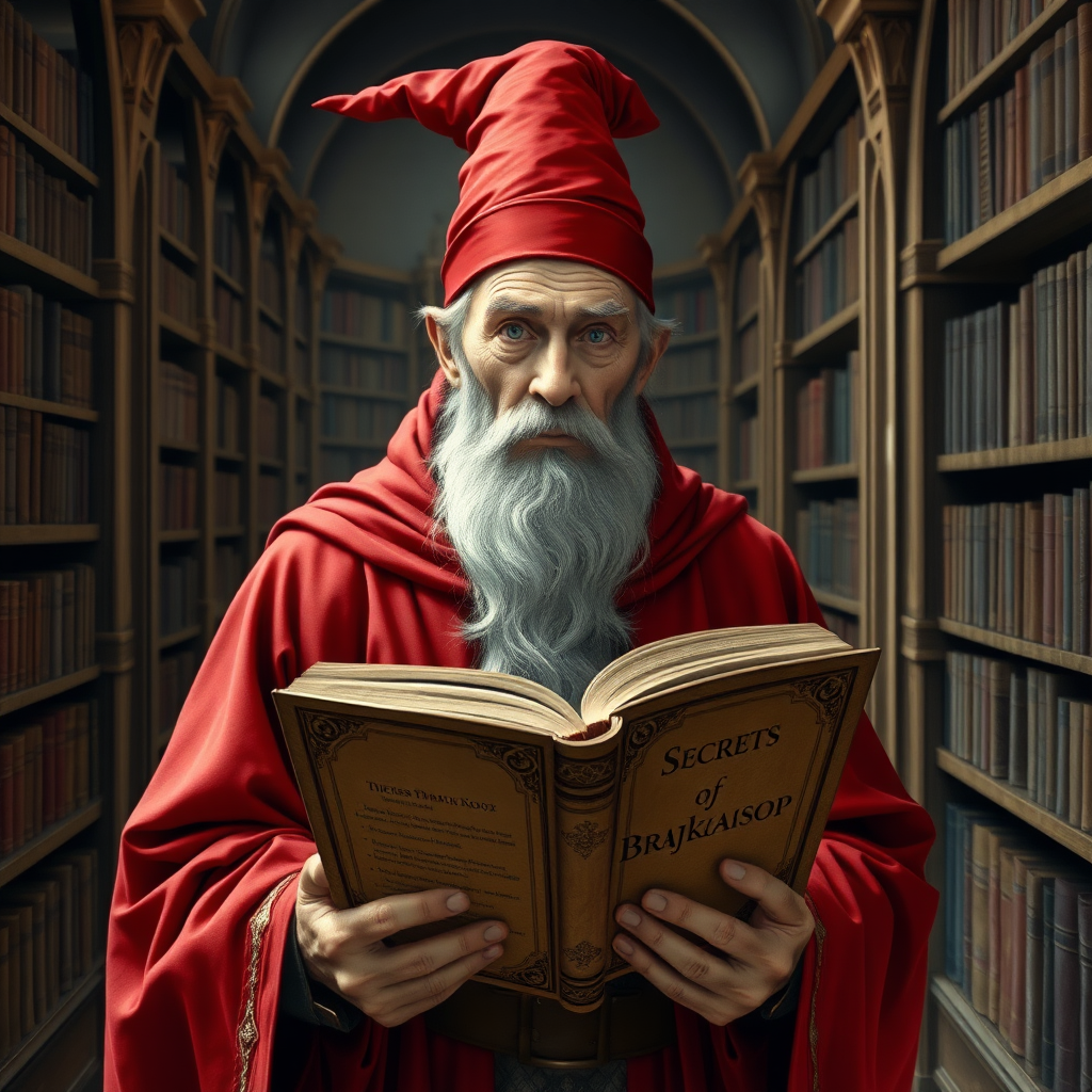 An old male wizard looking at camera in a red pointed hat and red robes with gold trim walking through a library while reading from an old book titled "Secrets of Brajkaisop."